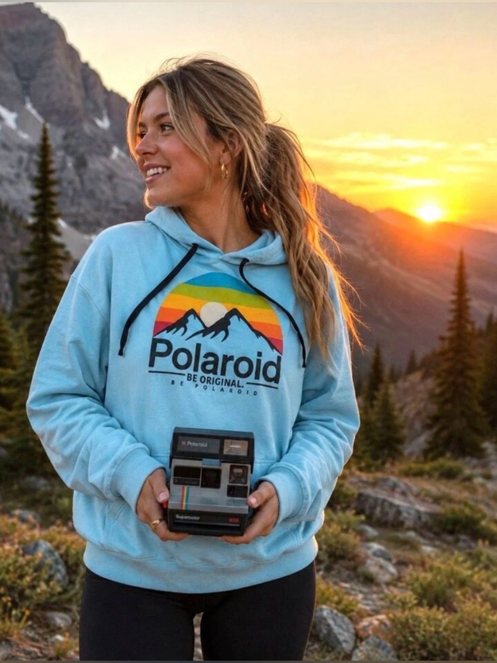 Vintage Polaroid Hoodie Sweatshirt Be Original Light Blue Graphic Soft Women XL